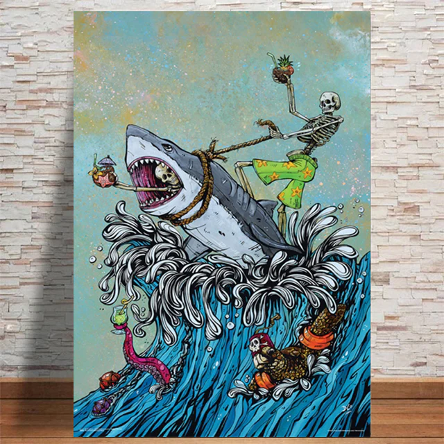 GREAT WHITE SURFING SKELETON CARTOON POSTER 125