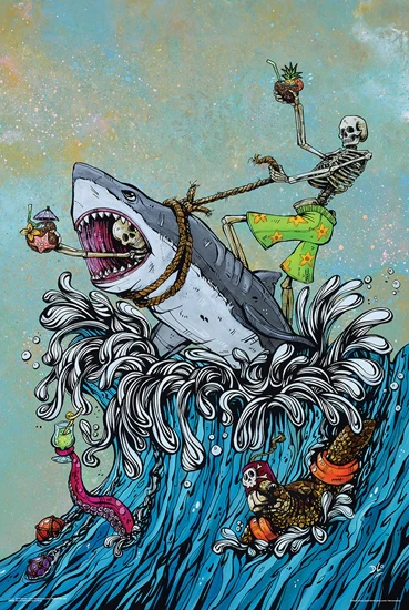 GREAT WHITE SURFING SKELETON CARTOON POSTER 125 - Image 2