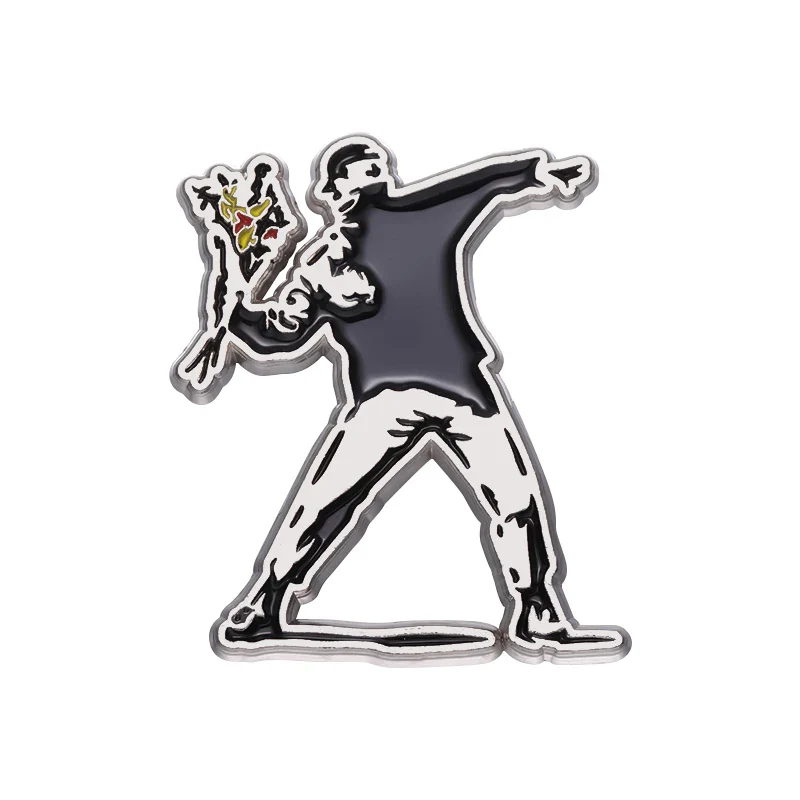 BANKSY FLOWER THROWER ENAMEL BADGE SILVER
